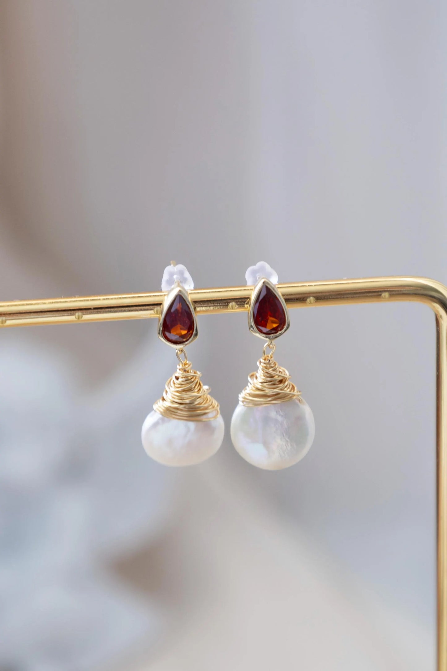 Baroque Pearl Drop Earrings with Ruby - Crafted with Brass