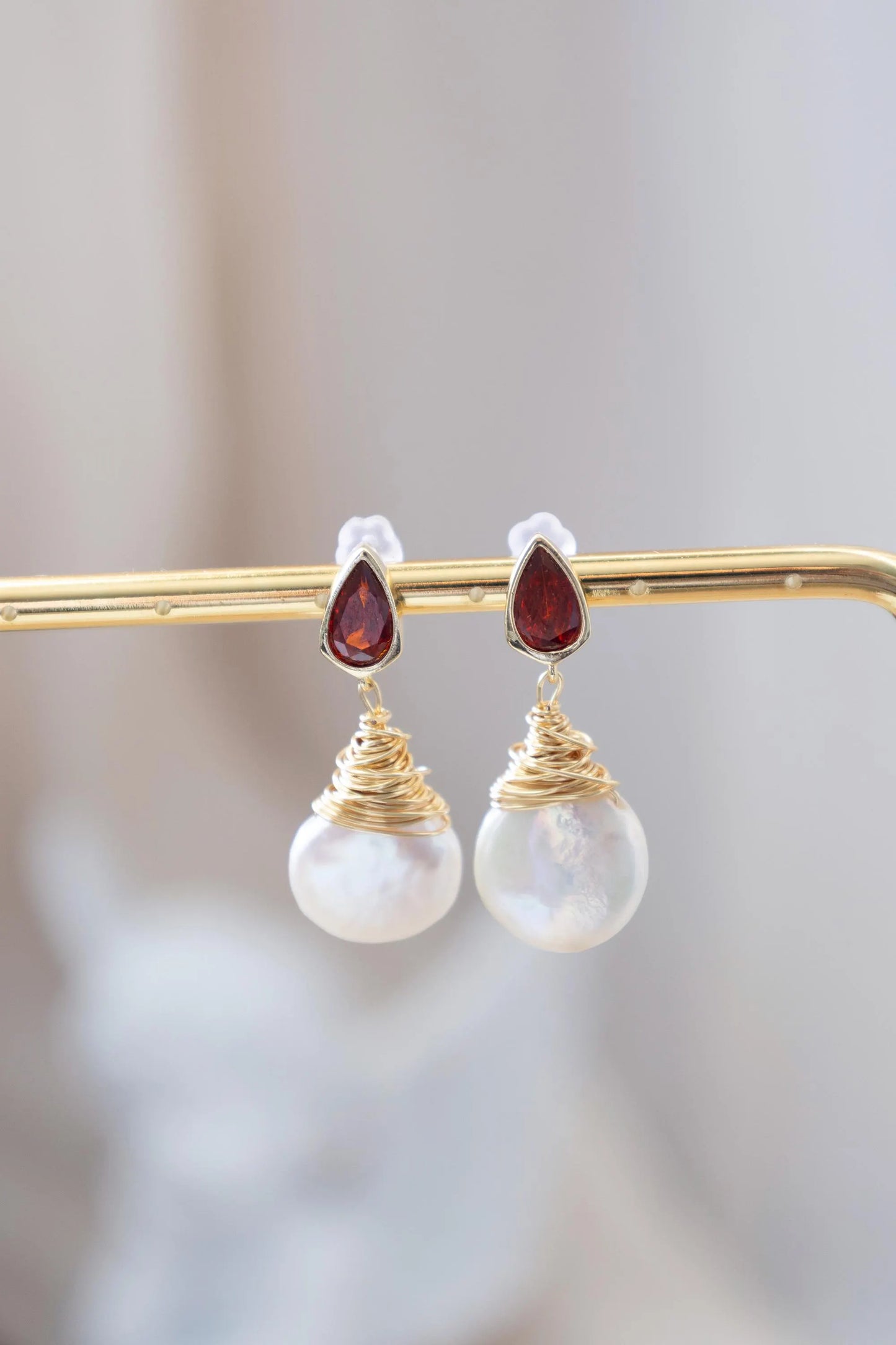 Baroque Pearl Drop Earrings with Ruby - Crafted with Brass