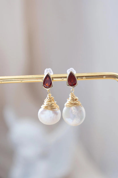 Baroque Pearl Drop Earrings with Ruby - Crafted with Brass