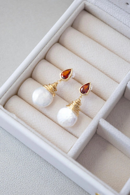 Baroque Pearl Drop Earrings with Ruby - Crafted with Brass