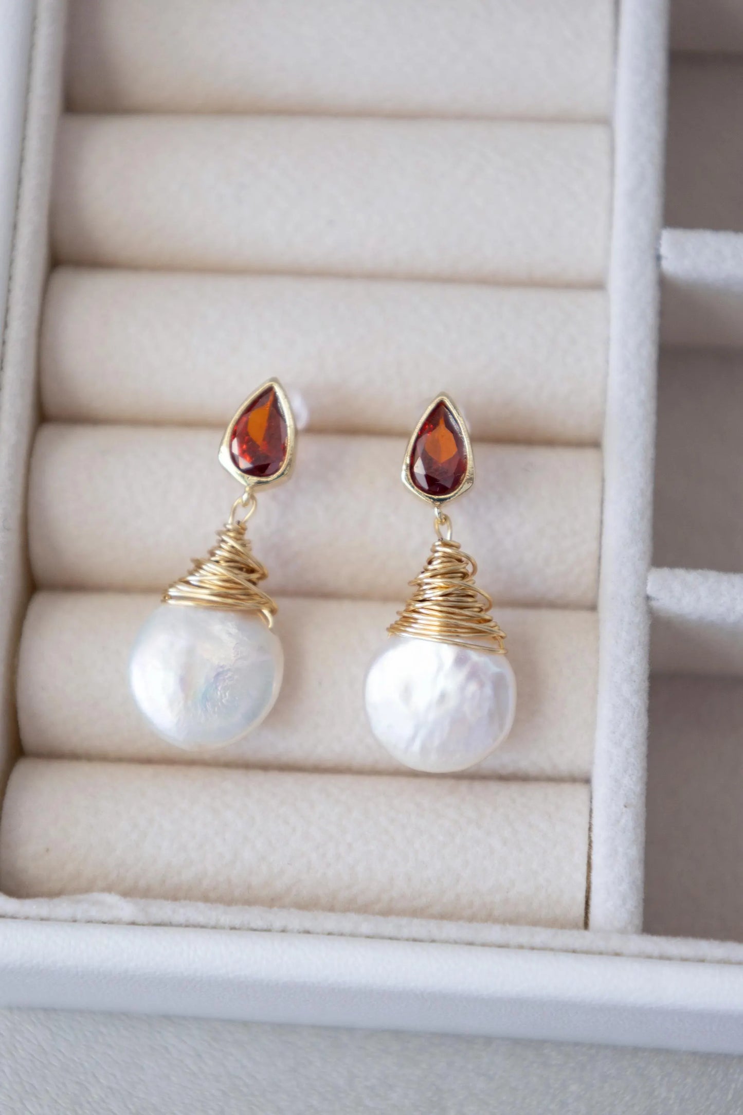 Baroque Pearl Drop Earrings with Ruby - Crafted with Brass