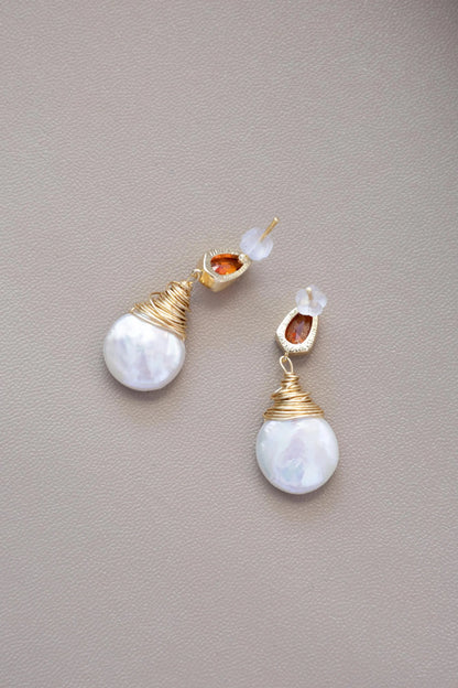 Baroque Pearl Drop Earrings with Ruby - Crafted with Brass
