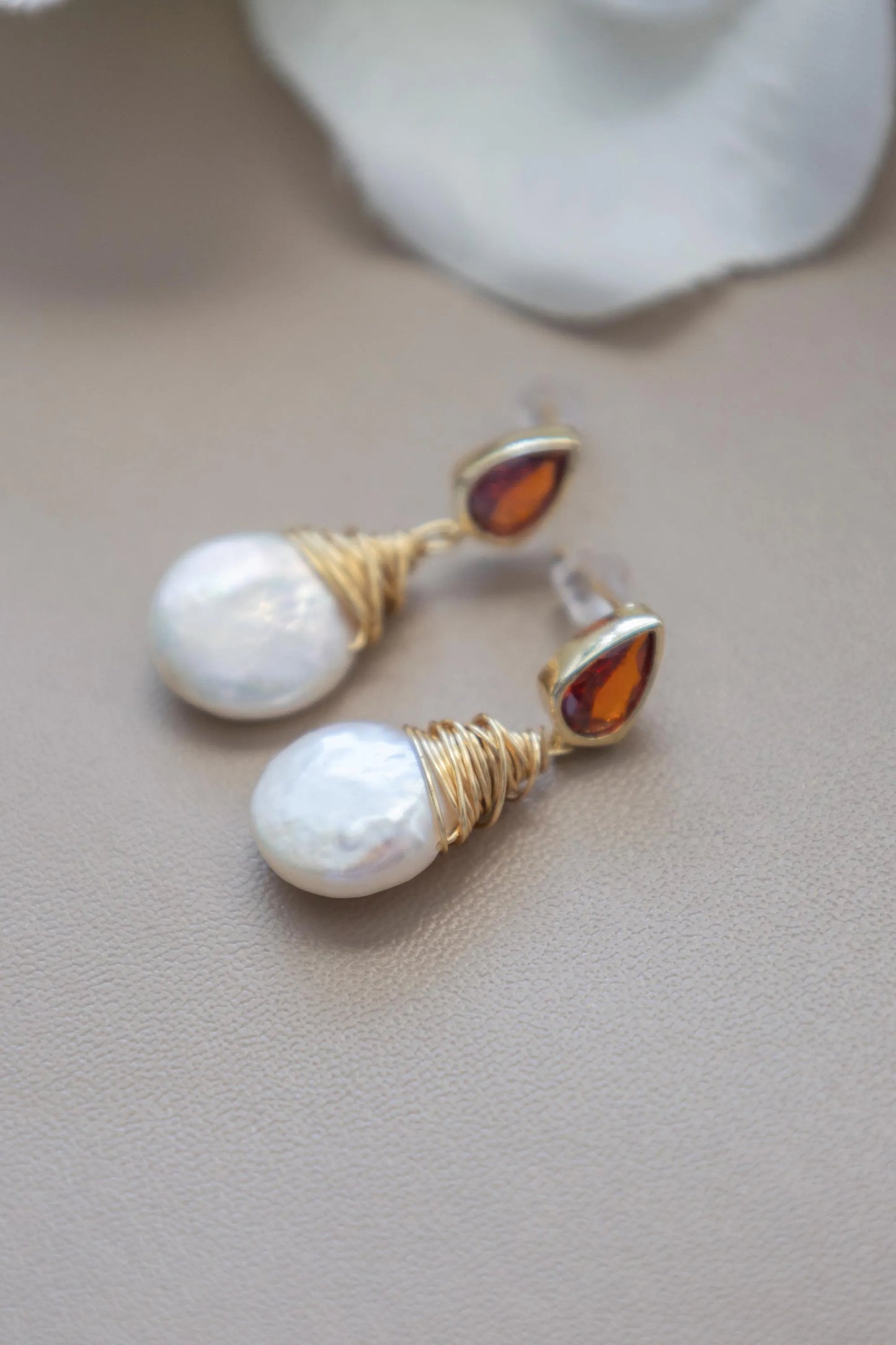 Baroque Pearl Drop Earrings with Ruby - Crafted with Brass