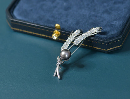 Handmade Wheat Brooch Pin - Crafted with Pearl