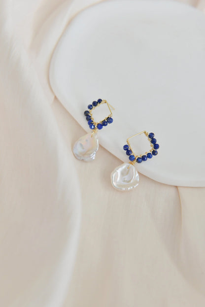 Handmade natural gemstone earring/lapis lazuli +pearl drop earrings