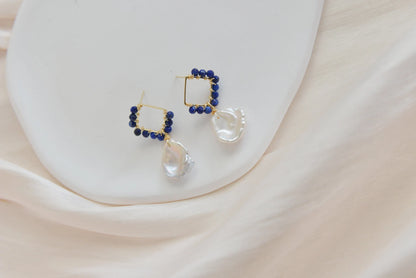 Handmade natural gemstone earring/lapis lazuli +pearl drop earrings