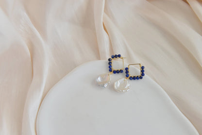 Handmade natural gemstone earring/lapis lazuli +pearl drop earrings