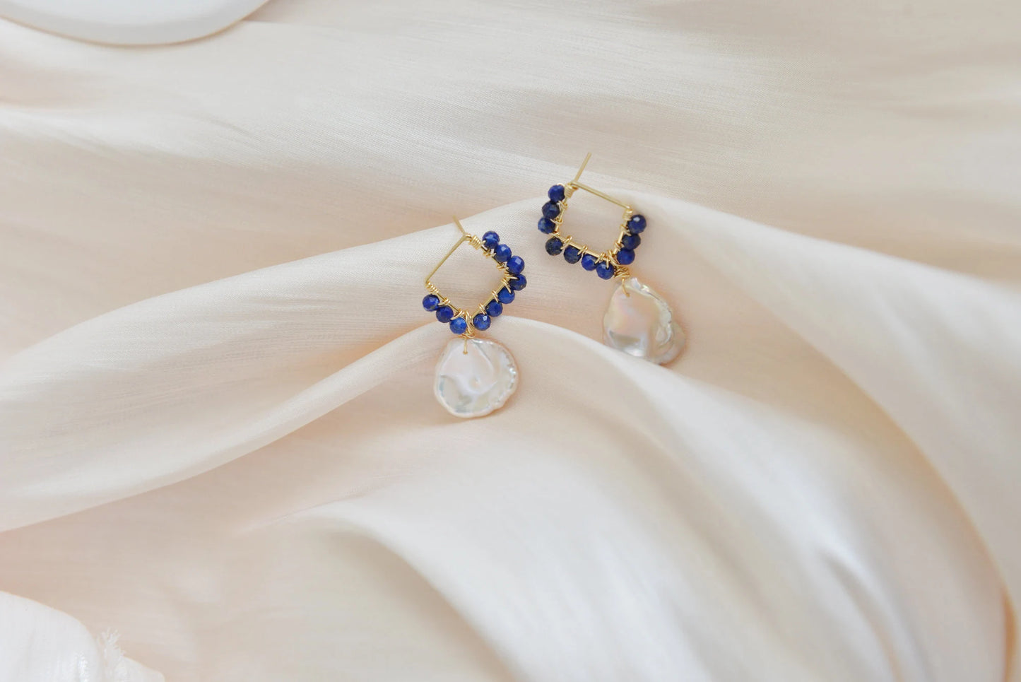 Handmade natural gemstone earring/lapis lazuli +pearl drop earrings