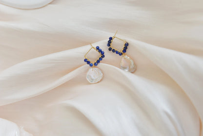 Handmade natural gemstone earring/lapis lazuli +pearl drop earrings