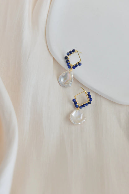 Handmade natural gemstone earring/lapis lazuli +pearl drop earrings