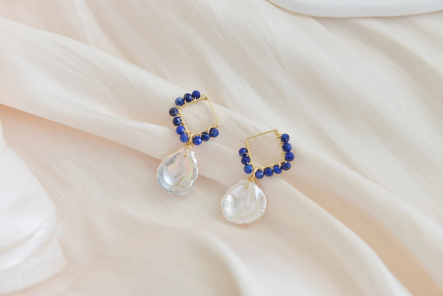 Handmade natural gemstone earring/lapis lazuli +pearl drop earrings