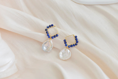 Handmade natural gemstone earring/lapis lazuli +pearl drop earrings