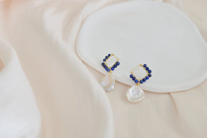Handmade natural gemstone earring/lapis lazuli +pearl drop earrings