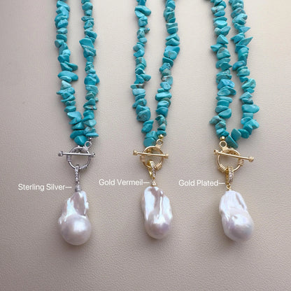 Turquoise Baroque Pearl Necklace-Handcrafted Blue Chip Turquoise
