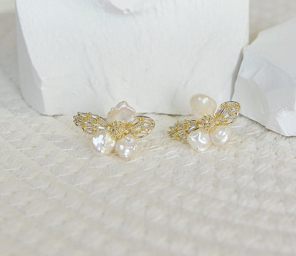 Baroque Pearl Stud Earrings - Crafted with Brass