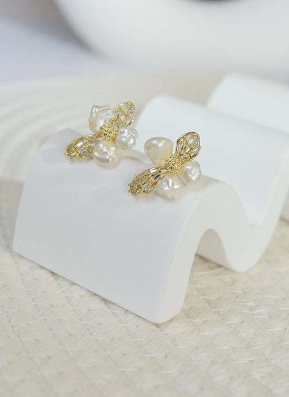 Baroque Pearl Stud Earrings - Crafted with Brass