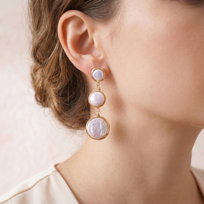 Wire-Wrapped Coin Pearl Statement Earrings – Gold Baroque Button Pearl Drops