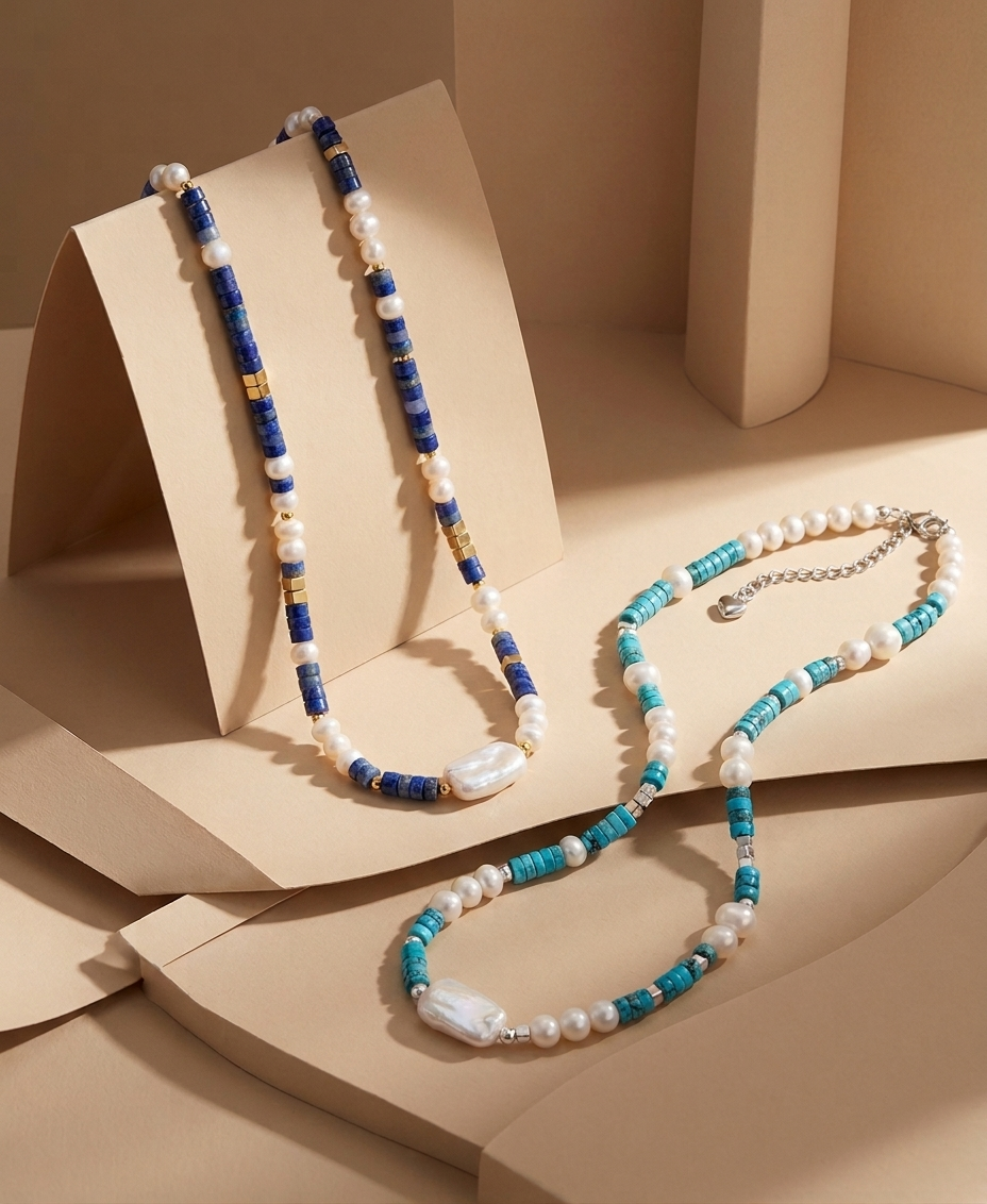 Lapis Lazuli & Baroque Pearl Necklace - Crafted with Brass