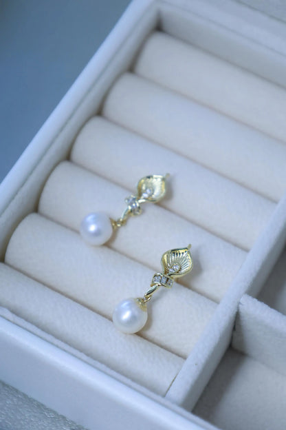 Gold Calla Lily Earrings - Crafted with freshwater pearl, natural