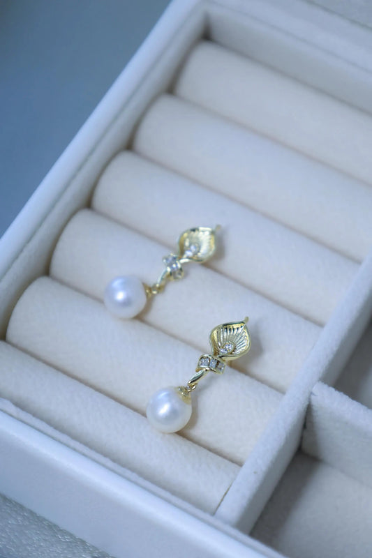 Gold Calla Lily Earrings - Crafted with freshwater pearl, natural