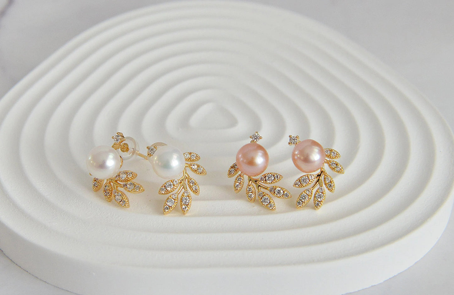 Pearl Olive Leaf Earrings - Crafted with Brass