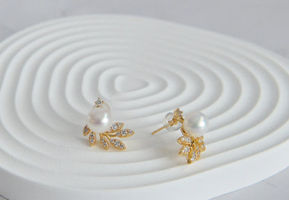 Pearl Olive Leaf Earrings - Crafted with Brass