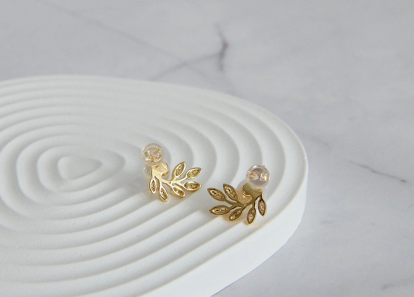 Pearl Olive Leaf Earrings - Crafted with Brass