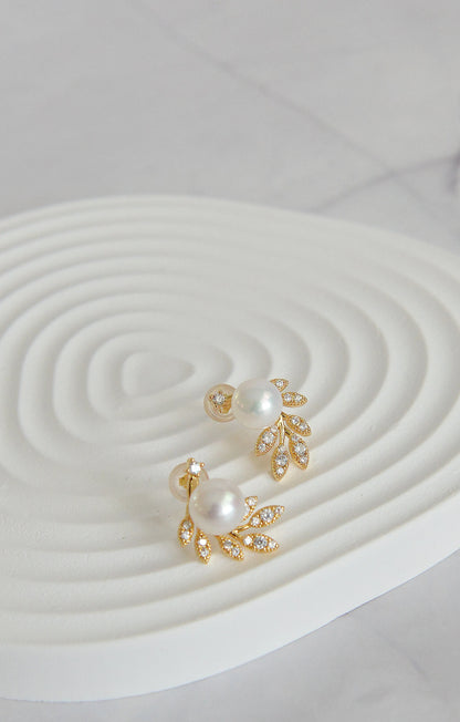 Pearl Olive Leaf Earrings - Crafted with Brass