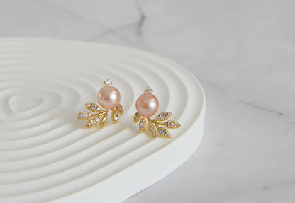 Pearl Olive Leaf Earrings - Crafted with Brass