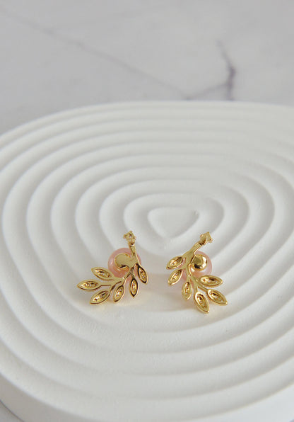 Pearl Olive Leaf Earrings - Crafted with Brass