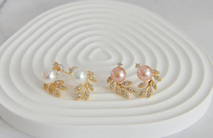 Pearl Olive Leaf Earrings - Crafted with Brass