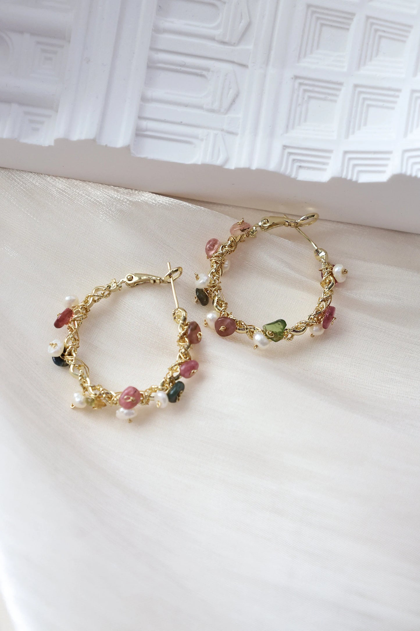 Natural Crystal Gravel & Pearl Hoop Earrings, Colored Crystal Hoops