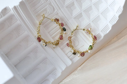 Natural Crystal Gravel & Pearl Hoop Earrings, Colored Crystal Hoops