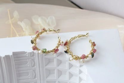 Natural Crystal Gravel & Pearl Hoop Earrings, Colored Crystal Hoops