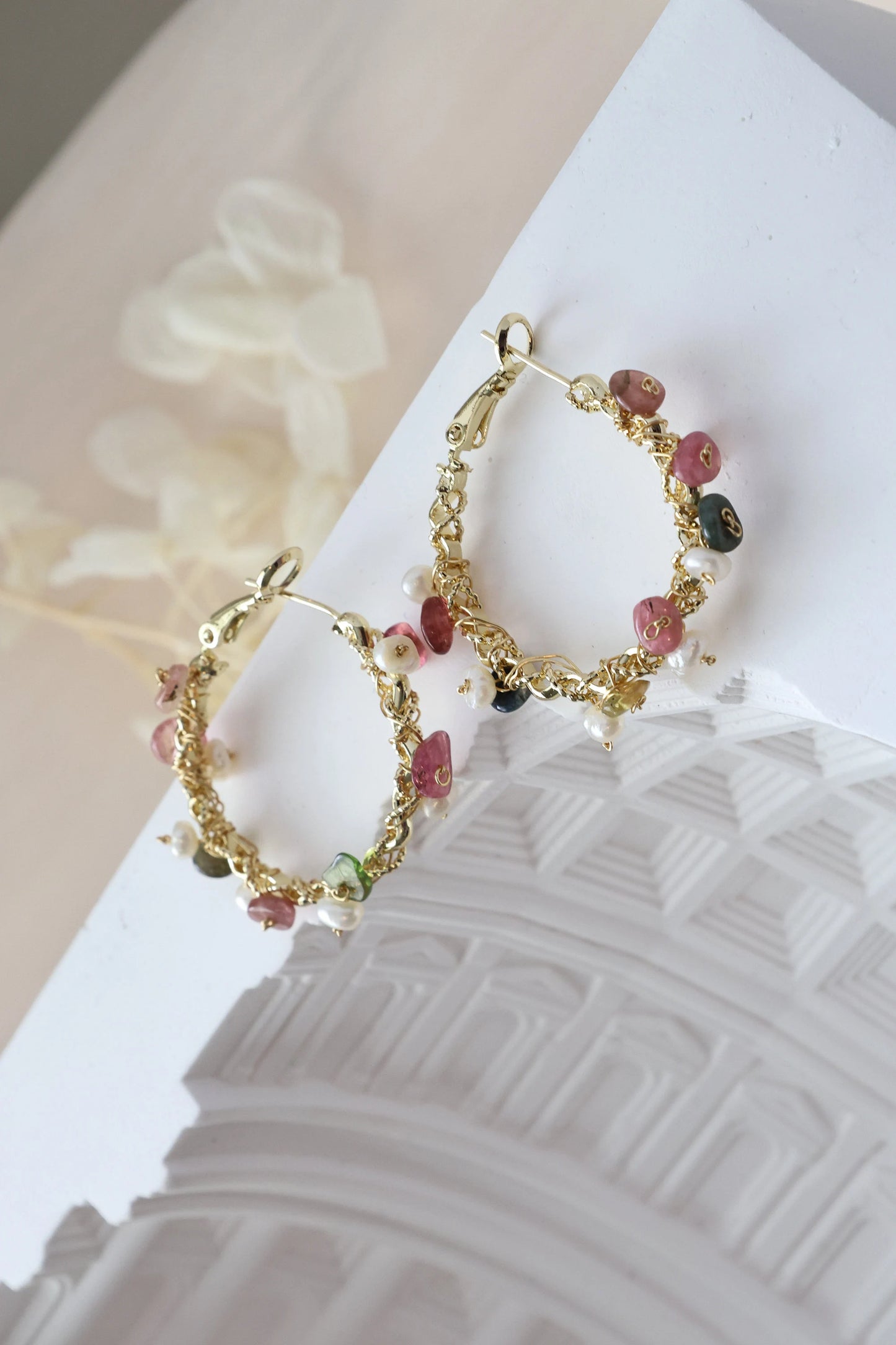 Natural Crystal Gravel & Pearl Hoop Earrings, Colored Crystal Hoops