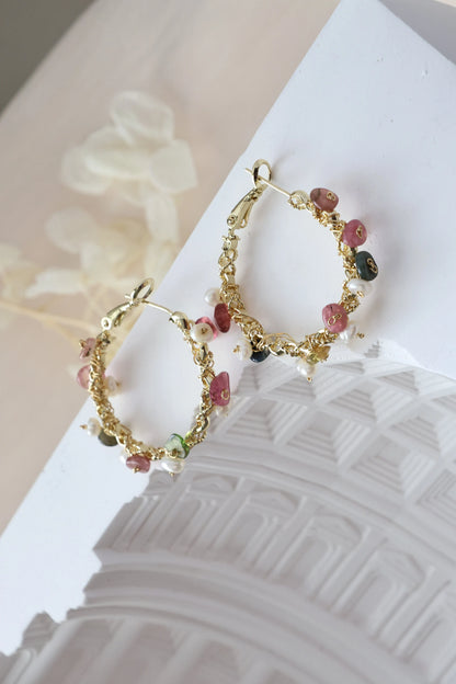 Natural Crystal Gravel & Pearl Hoop Earrings, Colored Crystal Hoops
