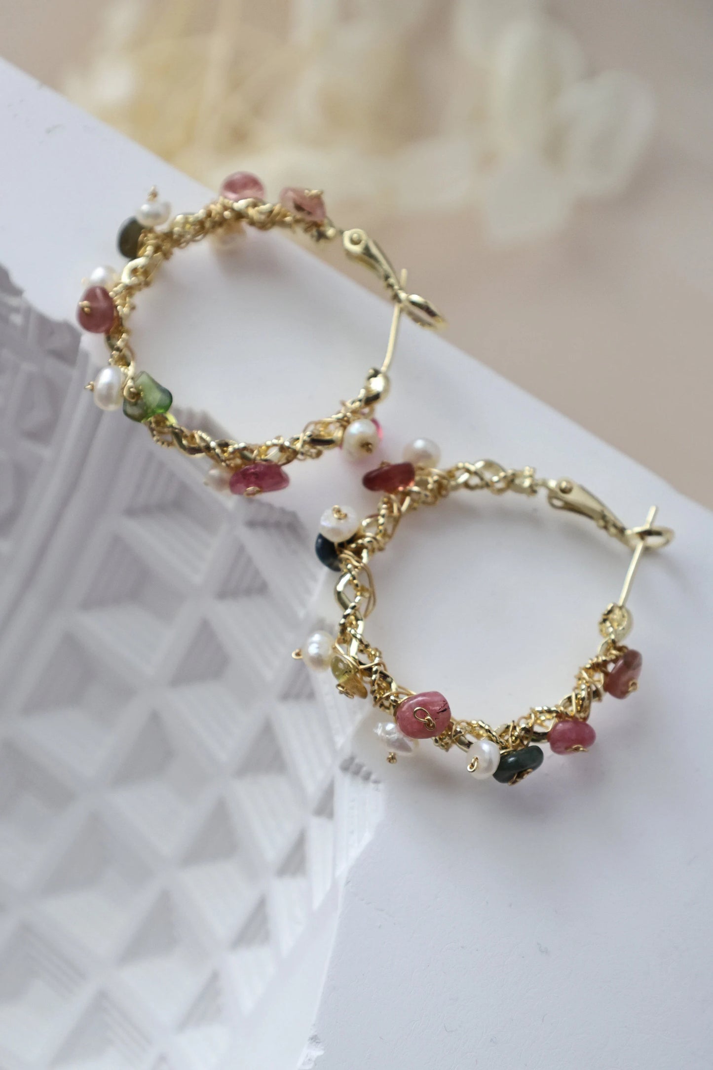 Natural Crystal Gravel & Pearl Hoop Earrings, Colored Crystal Hoops