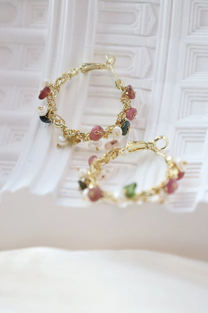 Natural Crystal Gravel & Pearl Hoop Earrings, Colored Crystal Hoops