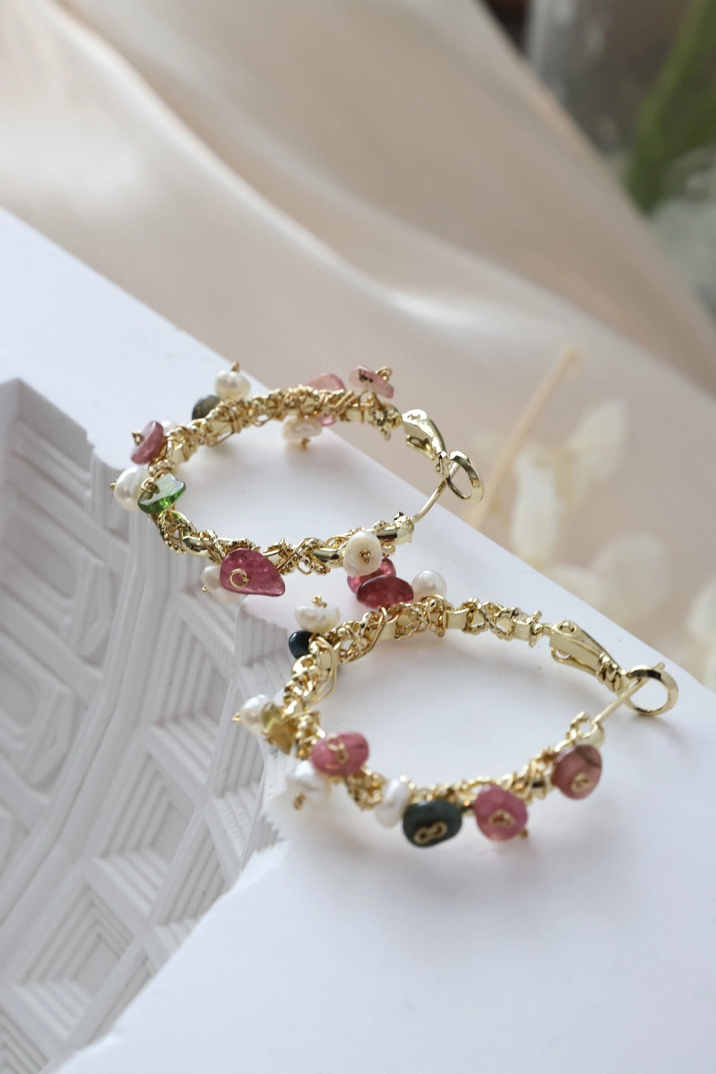 Natural Crystal Gravel & Pearl Hoop Earrings, Colored Crystal Hoops