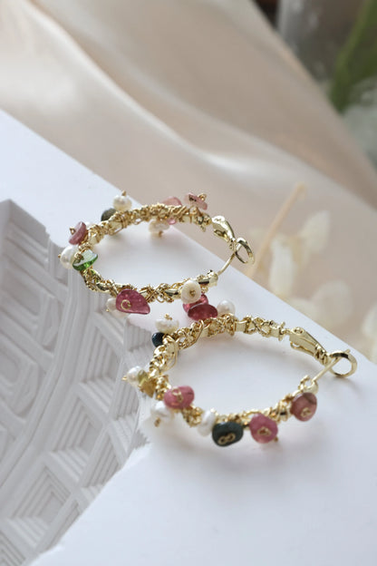 Natural Crystal Gravel & Pearl Hoop Earrings, Colored Crystal Hoops