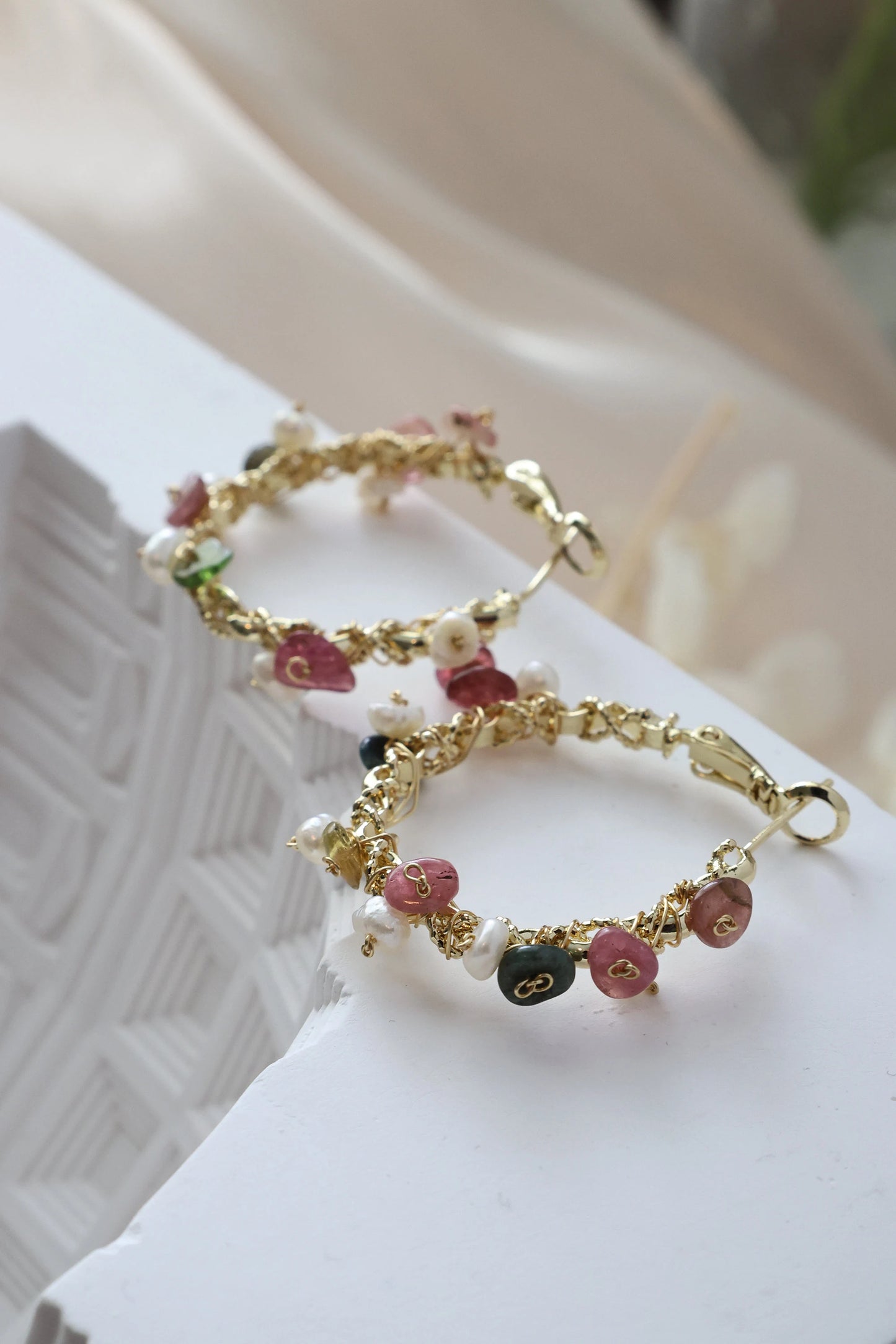 Natural Crystal Gravel & Pearl Hoop Earrings, Colored Crystal Hoops