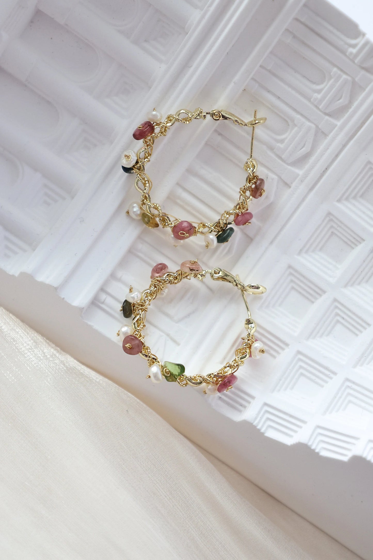 Natural Crystal Gravel & Pearl Hoop Earrings, Colored Crystal Hoops