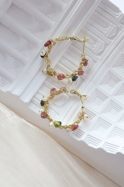 Natural Crystal Gravel & Pearl Hoop Earrings, Colored Crystal Hoops