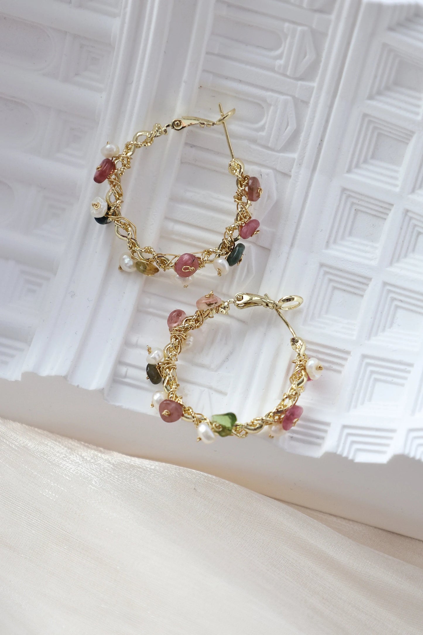 Natural Crystal Gravel & Pearl Hoop Earrings, Colored Crystal Hoops