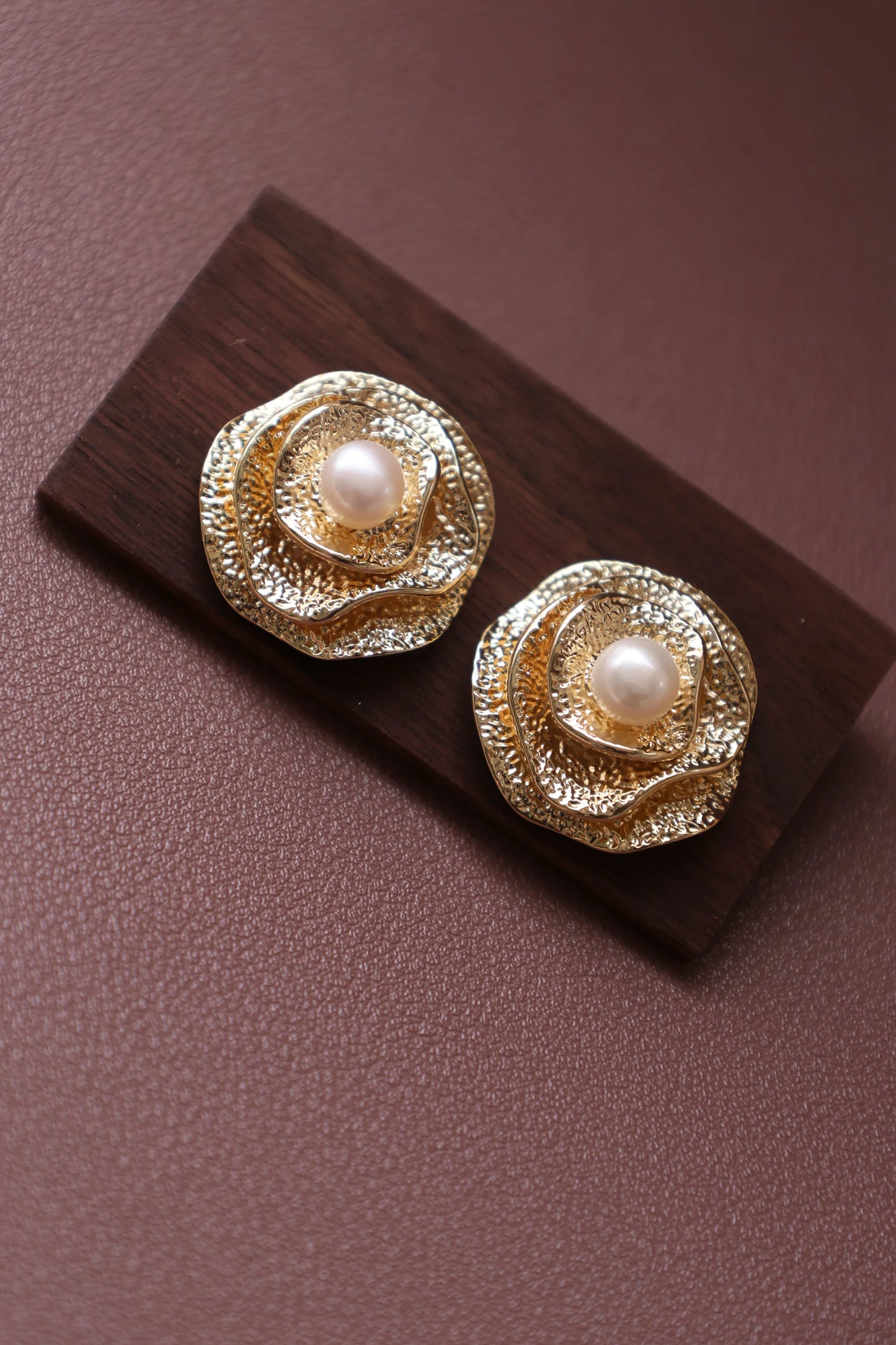 Handmade Golden Rose Pearl Earrings - Vintage Brass Flower Studs