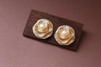 Handmade Golden Rose Pearl Earrings - Vintage Brass Flower Studs