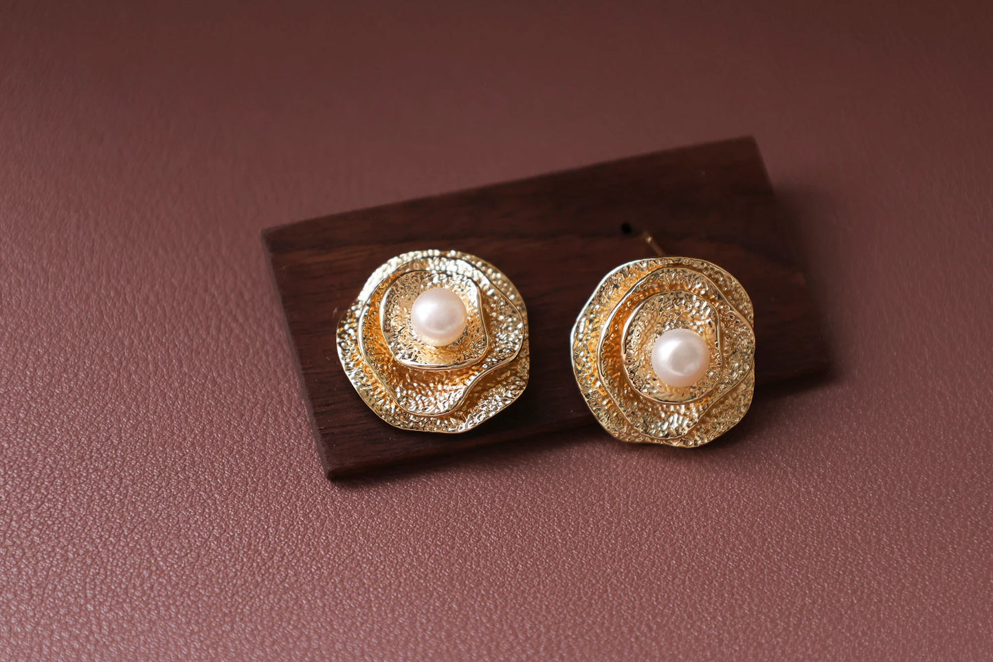 Handmade Golden Rose Pearl Earrings - Vintage Brass Flower Studs