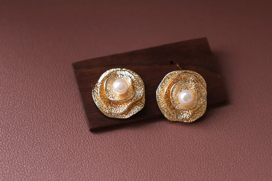 Handmade Golden Rose Pearl Earrings - Vintage Brass Flower Studs