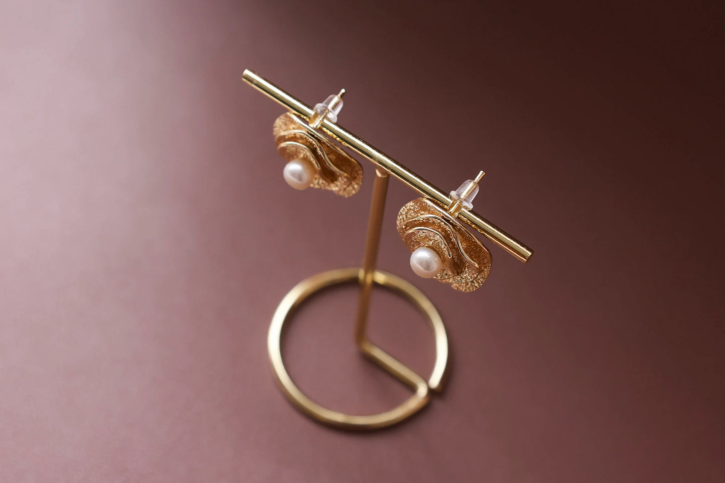Handmade Golden Rose Pearl Earrings - Vintage Brass Flower Studs