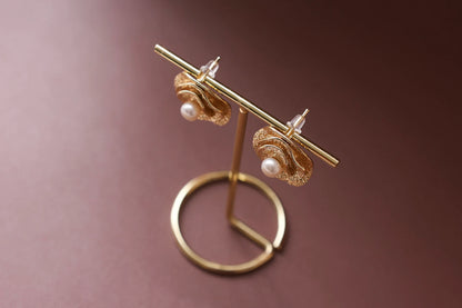 Handmade Golden Rose Pearl Earrings - Vintage Brass Flower Studs